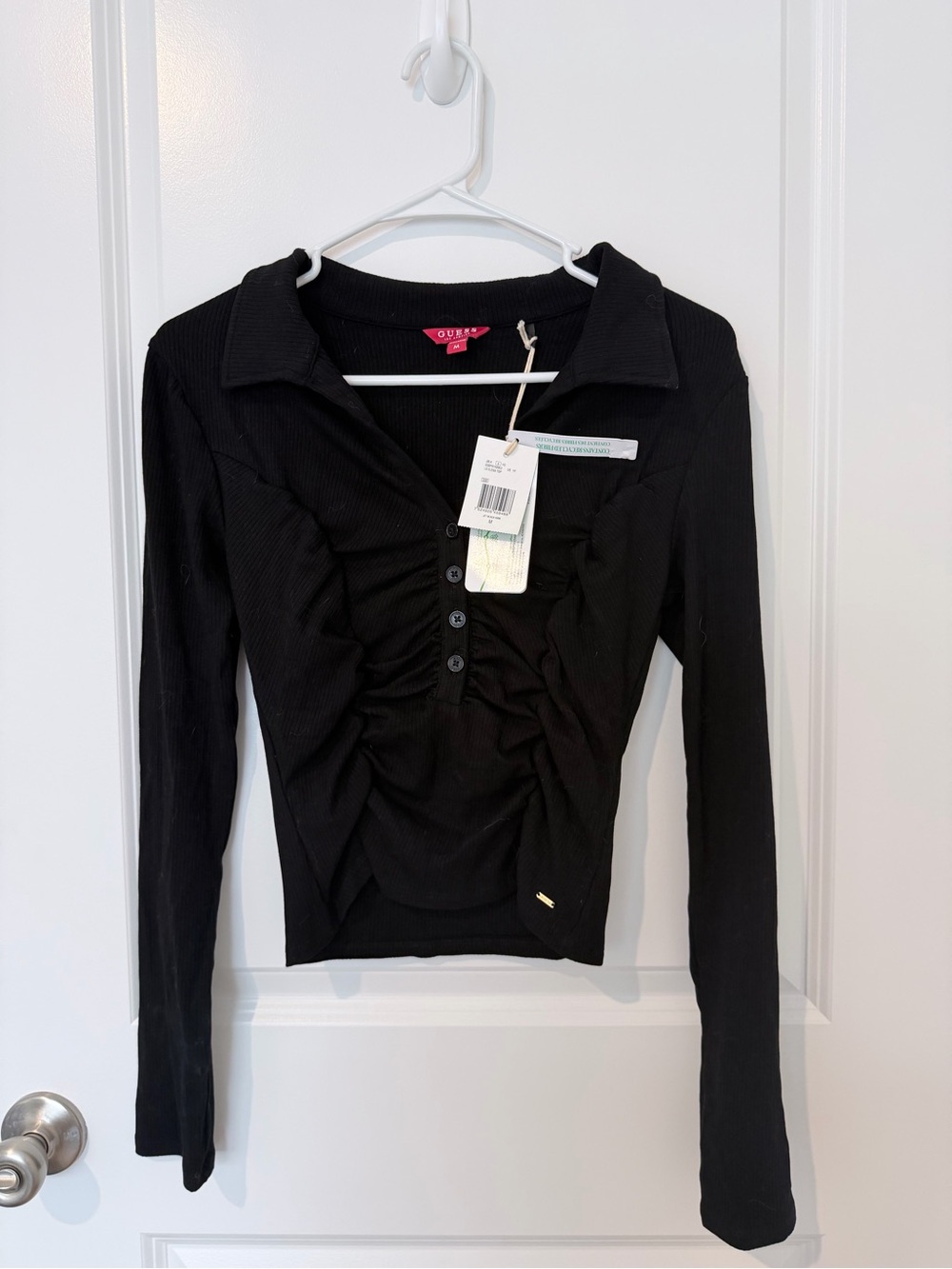 Guess Black Long-Sleeve Ruched Collared Top
